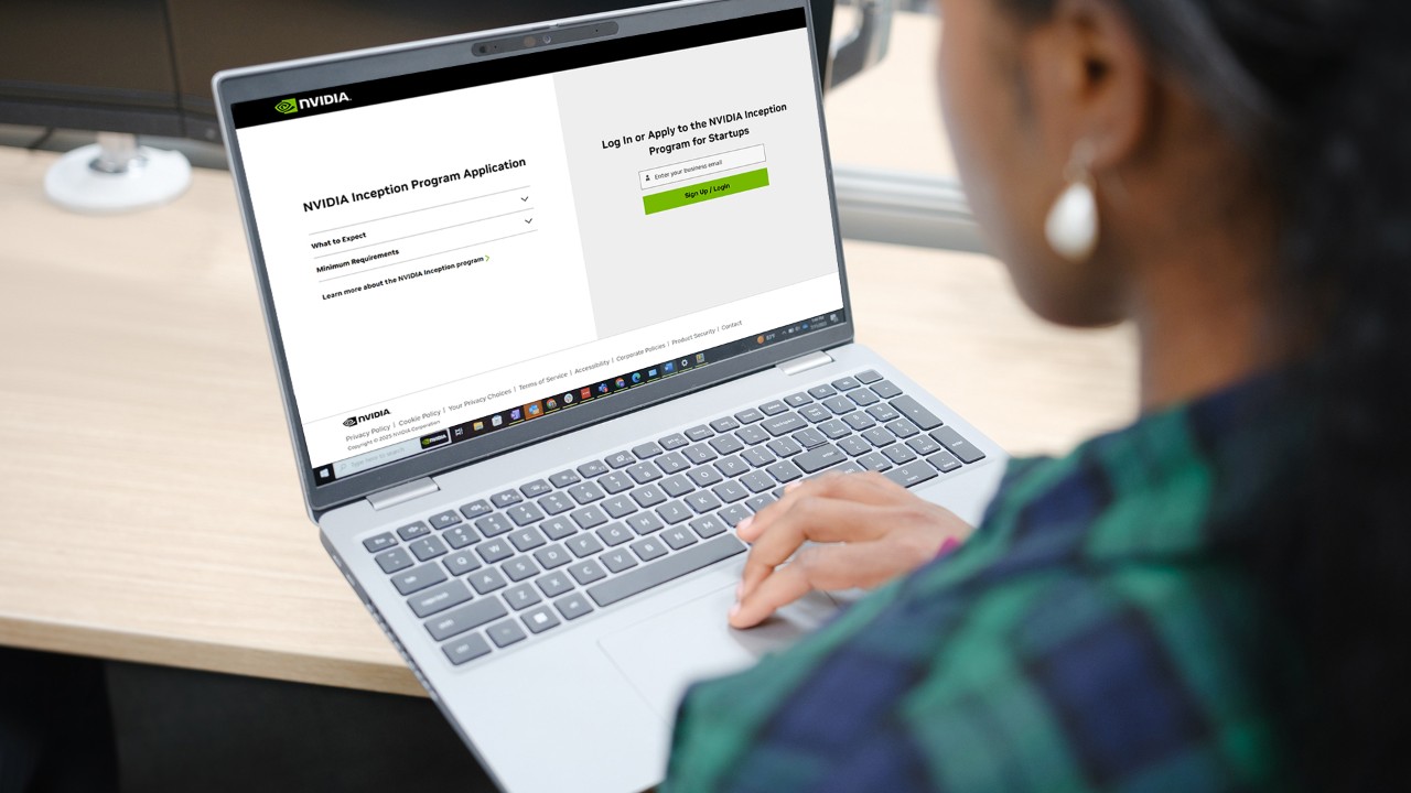 A founder using the NVIDIA Inception startup program portal on a laptop